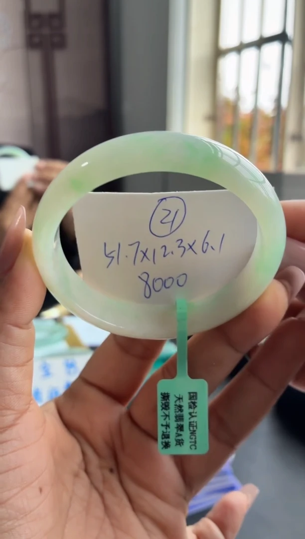 未镶嵌手镯翡翠（特色藕粉底飘绿花正圈）21号