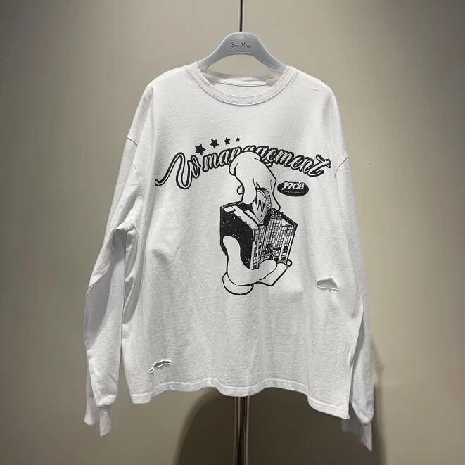 WEN墨家手指印花白色宽松版T恤做旧破洞款