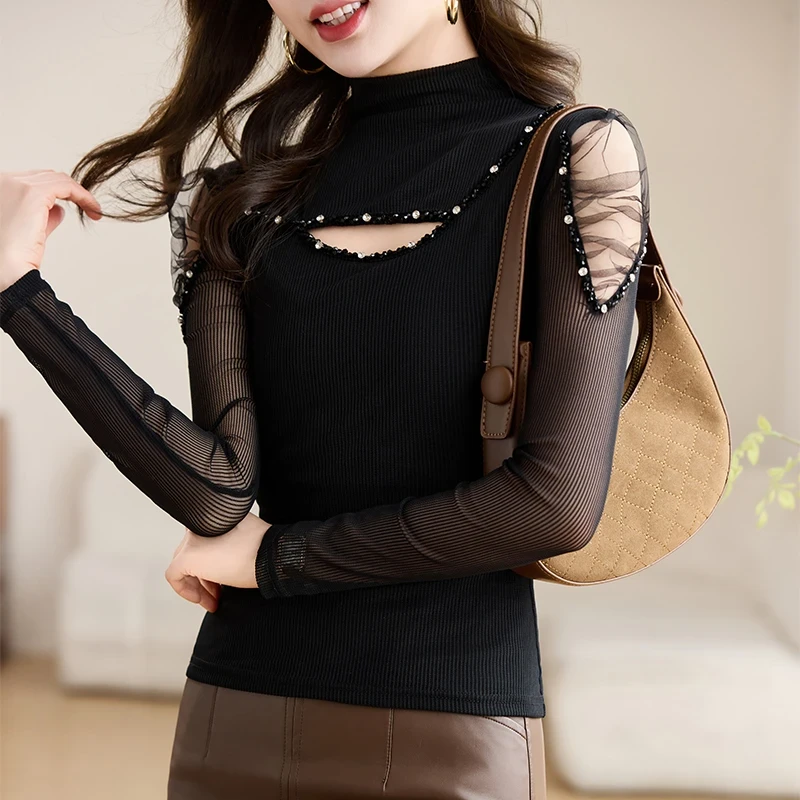 性感镂空钉珠T恤女长袖2025春装新款设计感修身上衣立领打底衫女