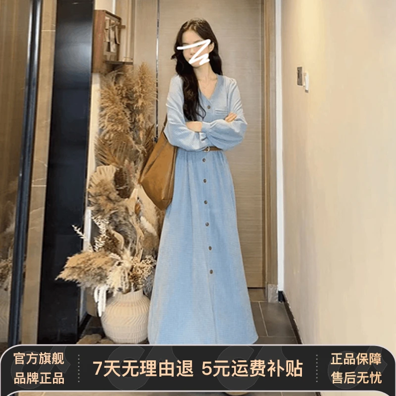 法式v领蓝色长袖连衣裙子女装早秋季2025新款小个子穿搭气质长裙