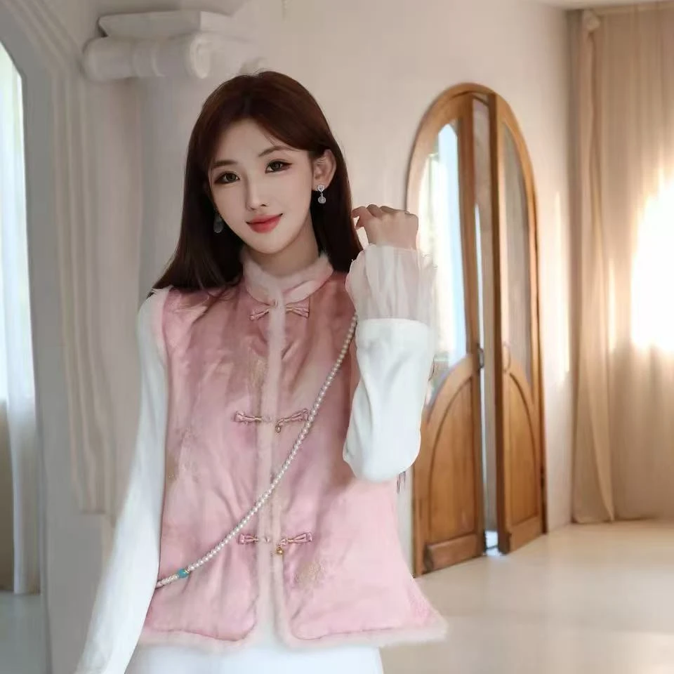 【摩姐姐欧韩】0635新中式提花时尚立领盘扣拼接水貂毛加棉背心马夹