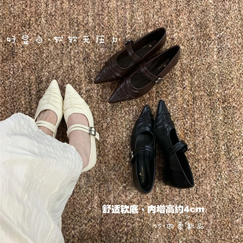 褶皱设计感一脚蹬玛丽珍鞋女2025早春新款百搭气质尖头单鞋