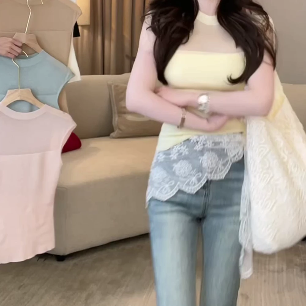 【月之缪斯】夏季时尚新款气质修身显瘦百搭休闲圆领拼接短袖针织衫