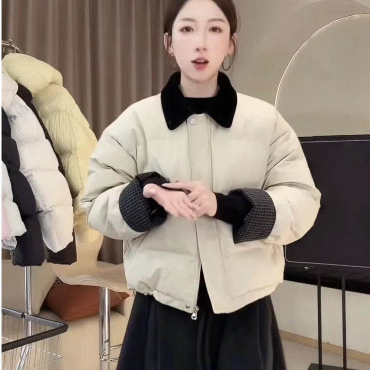 短款撞色灯芯绒翻领棉服女2025冬季加厚保暖时髦洋气百搭显瘦外套