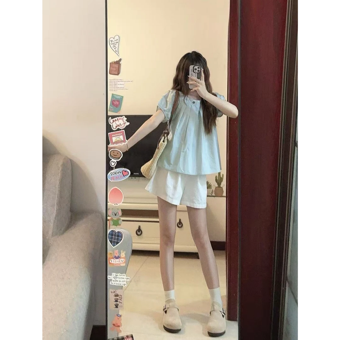 可盐可甜泡泡袖衬衫娃娃衫短裤套装时尚洋气减龄显瘦遮肉两件套夏