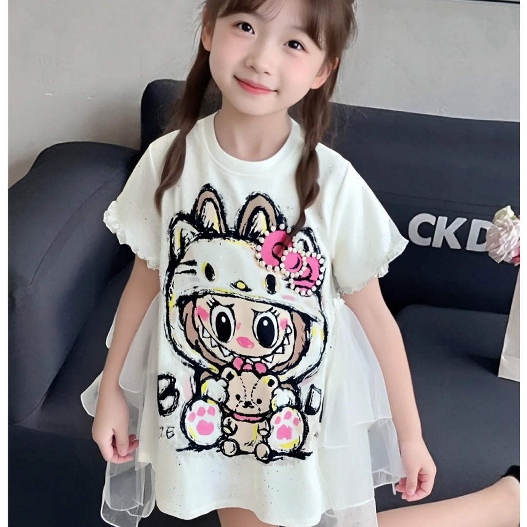 MN女童拉布布纯棉连衣裙2025夏季轻薄休闲风卡通T裙可爱女孩裙子~