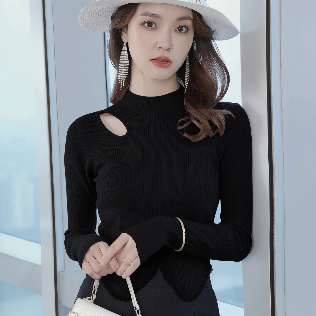 针织厚款女显瘦常规圆领毛针织衫打底衫上衣修身长袖洋气百搭黑