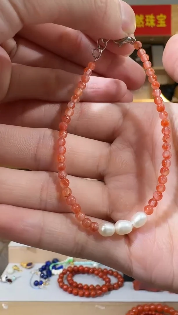 银S925镶嵌手链南红玛瑙南红珍珠手链DIY