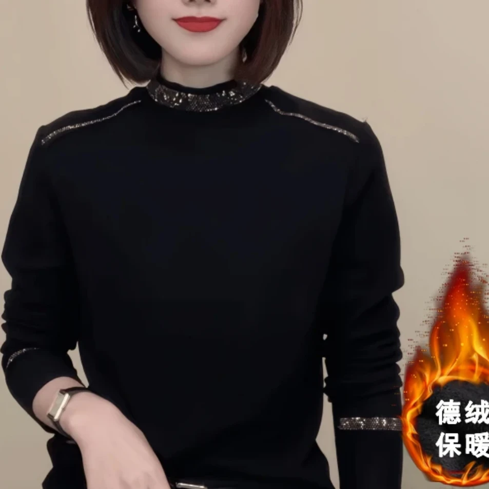 2024冬季德绒加绒加厚款时尚简约大气洋气保暖宽松型中高领打底衫