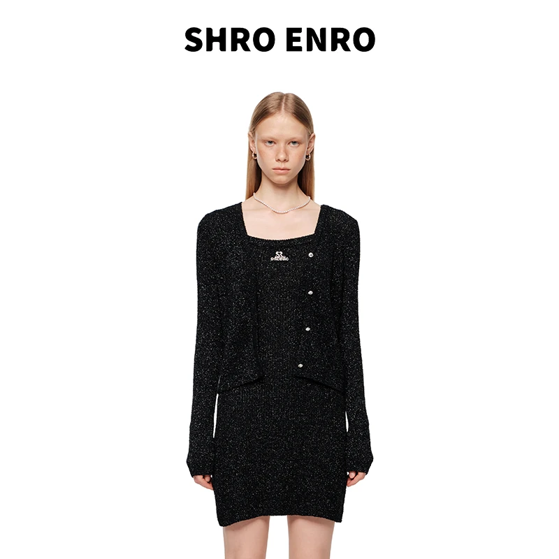 SHRO ENRO 2025新款钻扣亮丝修身V领针织+修身针织连衣裙