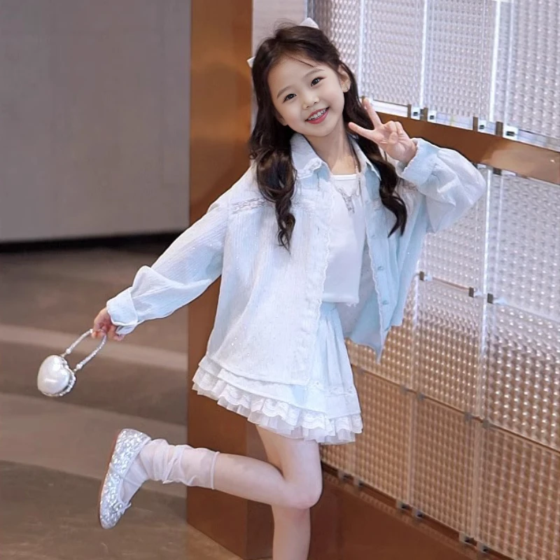 女童夏装套装薄款开衫防晒衣2025新款洋气6-12岁高级感女孩三件套