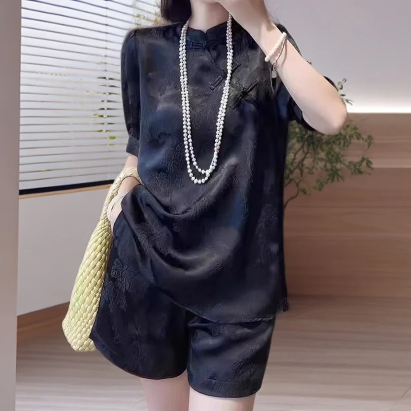 夏季轻国风盘扣短袖衬衫阔腿短裤两件套高端新中式黑色提花套装女