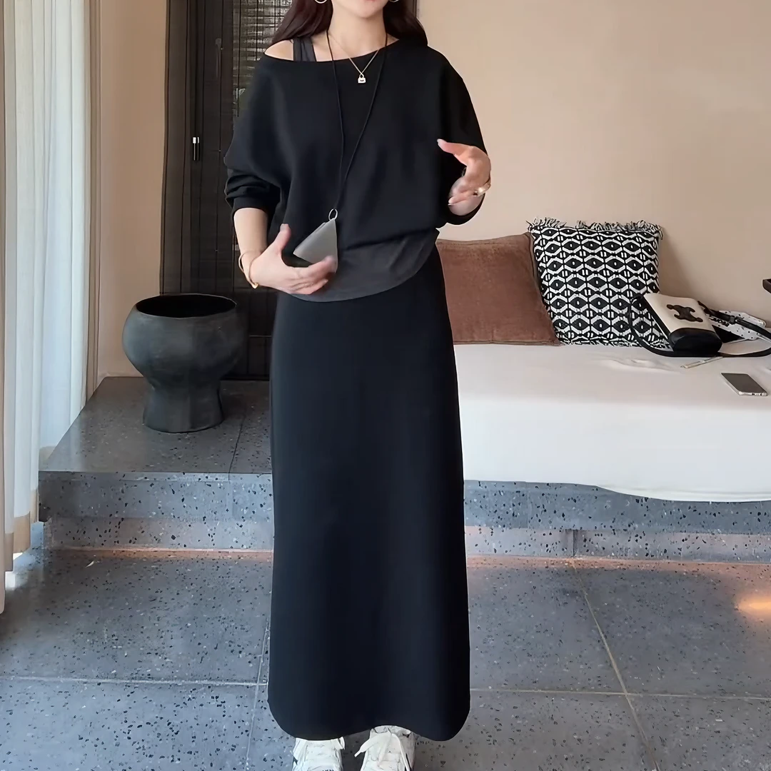 【慵懒公式】秋季新款欧货假两件露肩卫衣+半裙两件套套装LK2505810