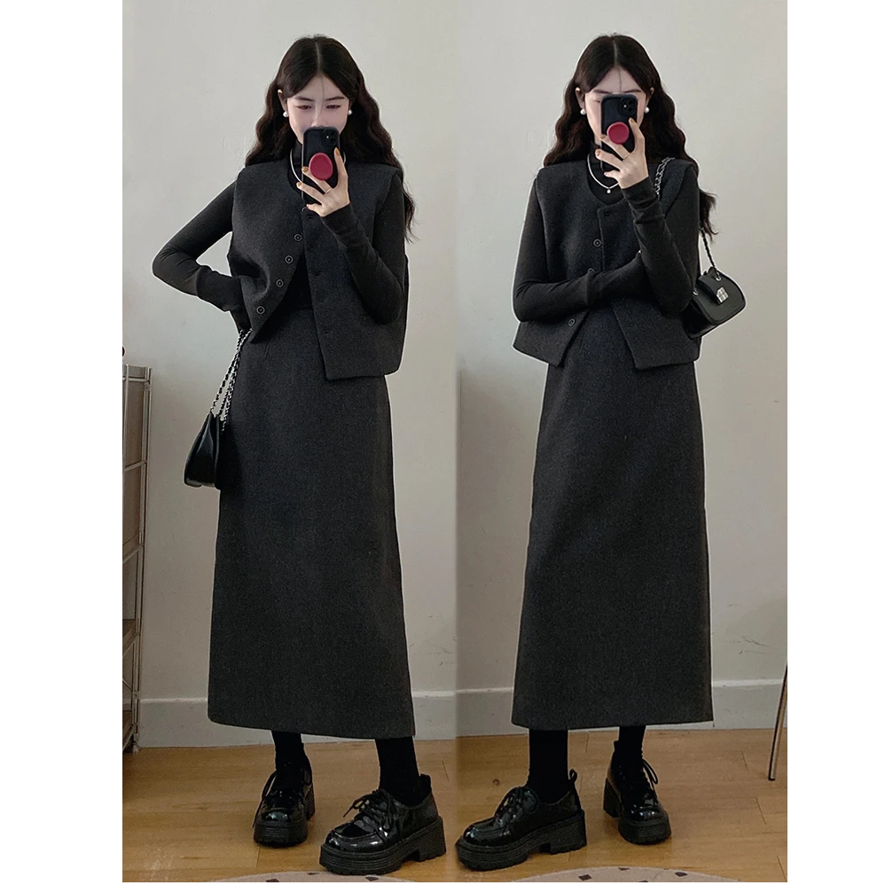 大码女装灰色高级感小香风马甲套装复古气质毛呢三件套