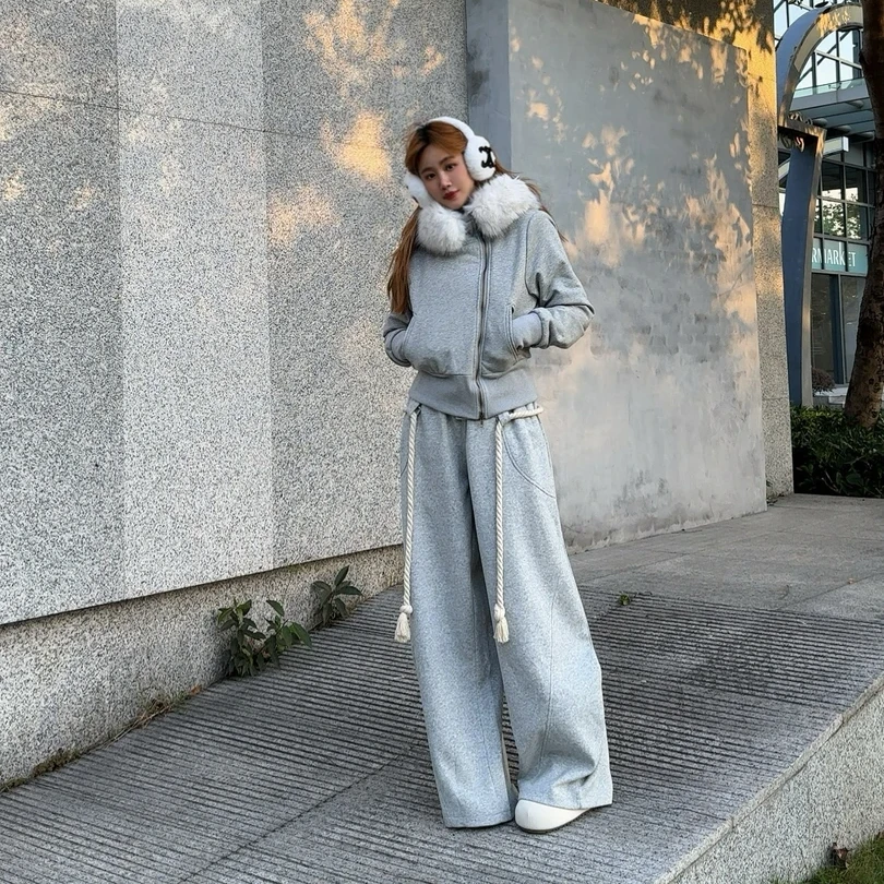 美式毛领连帽卫衣冬爆款内胆加厚保暖毛绒拼接棉服阔腿裤套装