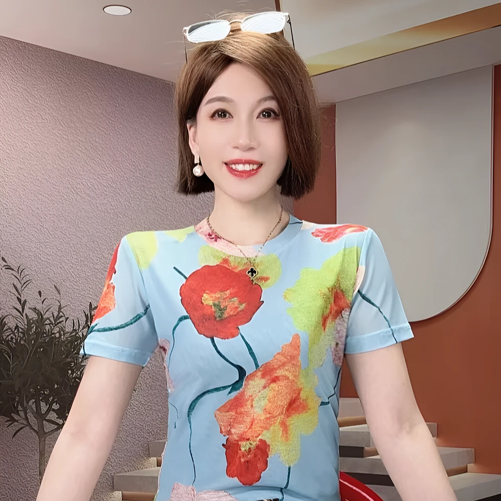 夏季新款时尚网纱印花打底衫圆领修身显瘦洋气时髦短袖T恤上衣女