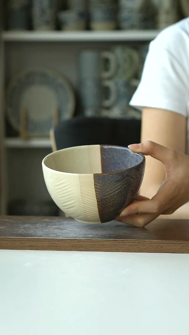 微瑕粗陶手作紫米拼早餐碗13cm@4-2@