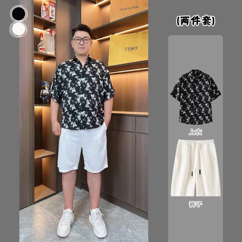 夏季款冰丝垂感蝴蝶印花短袖衬衫男时尚大码宽松潮流冰感五分裤