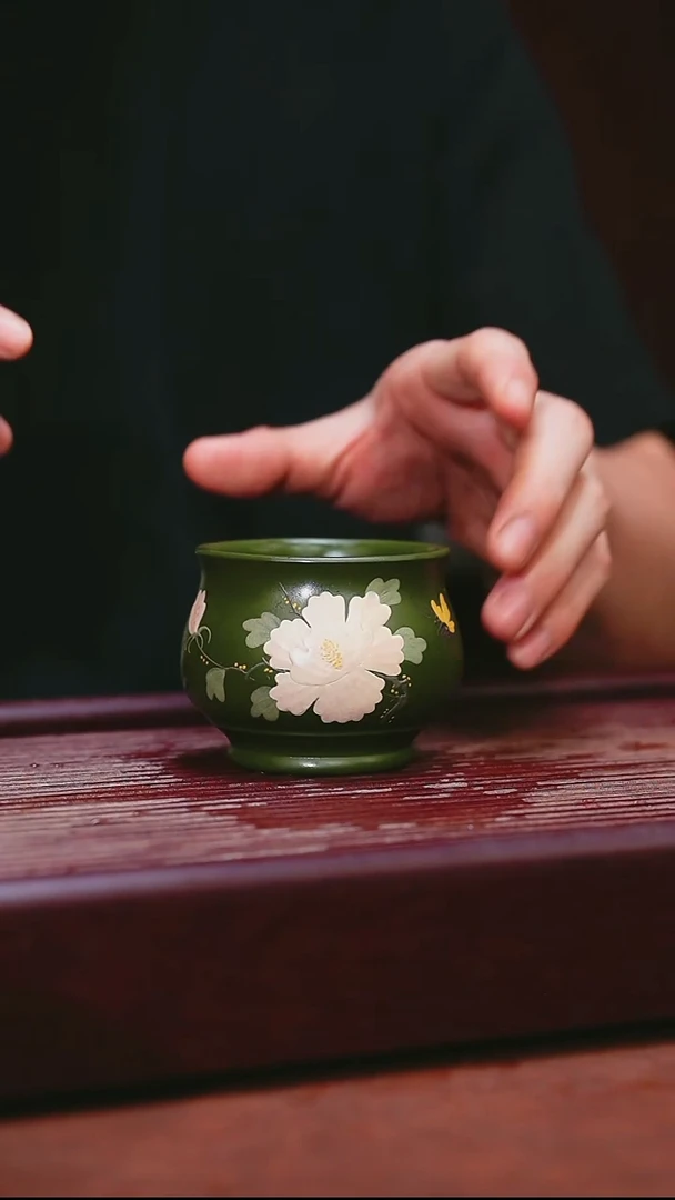紫砂公道杯宜兴原矿紫砂  绿泥缸杯牡丹