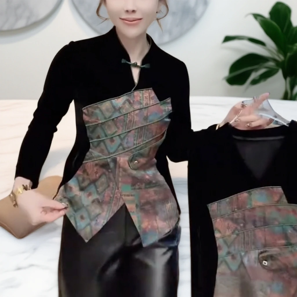 秋冬季新款修身显瘦拼接国风盘扣丝绒立领衬衫小衫高级感百搭时尚