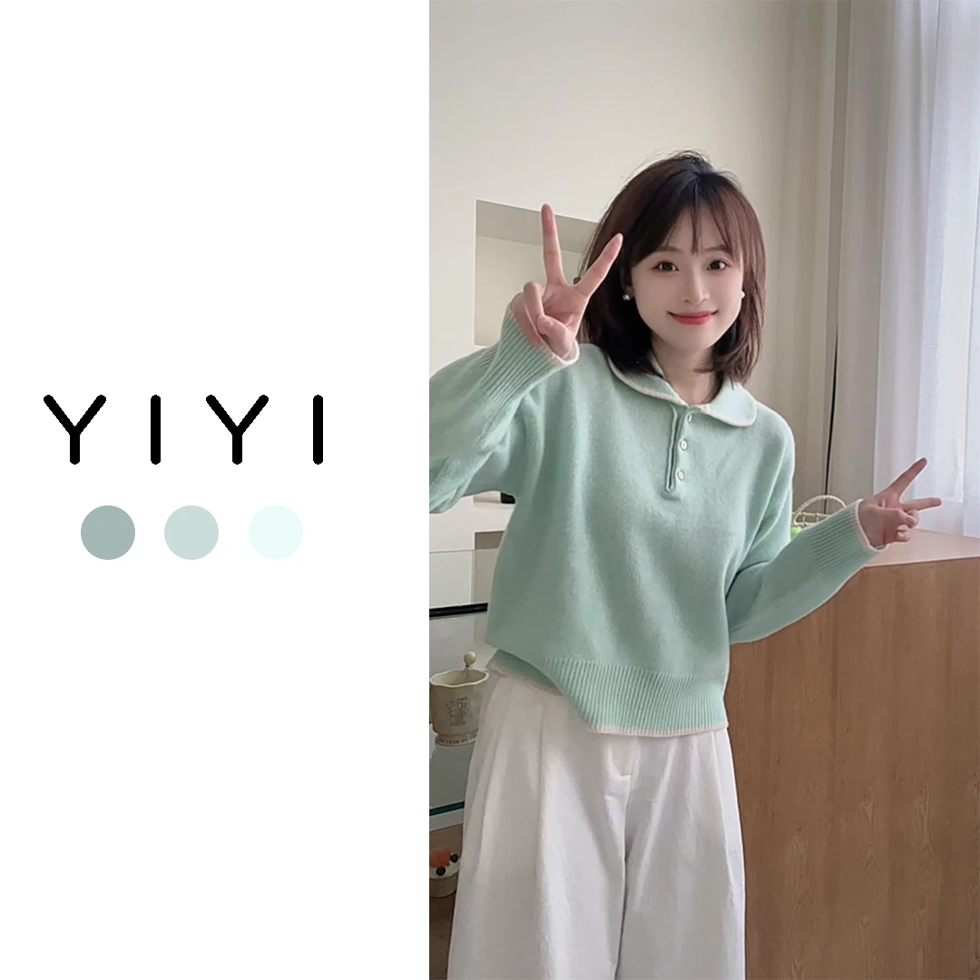 【YiYi】撞色翻领~韩版全羊毛翻领撞色三粒扣时尚气质娃娃领套头