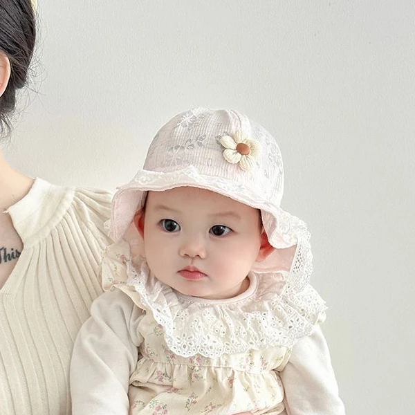 婴儿帽子夏季薄款可爱蕾丝花边甜美公主帽女宝宝洋气渔夫帽遮阳帽
