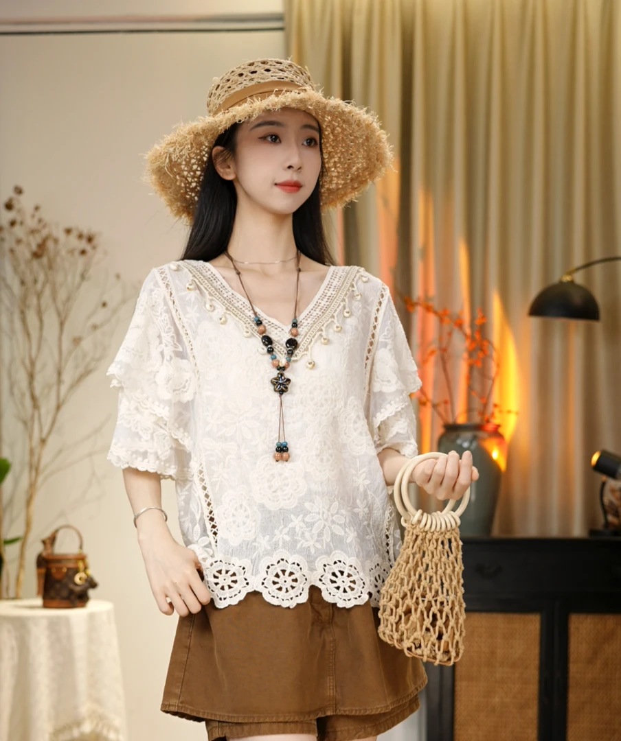 唐乐乐｜25new夏季新款薄款刺绣设计蝴蝶袖宽松休闲上衣 BF1535