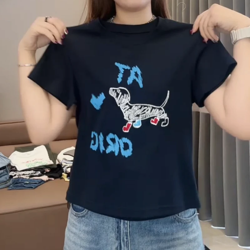 2025新款小众设计小狗刺绣印花修身圆领短袖T恤女LK2503403