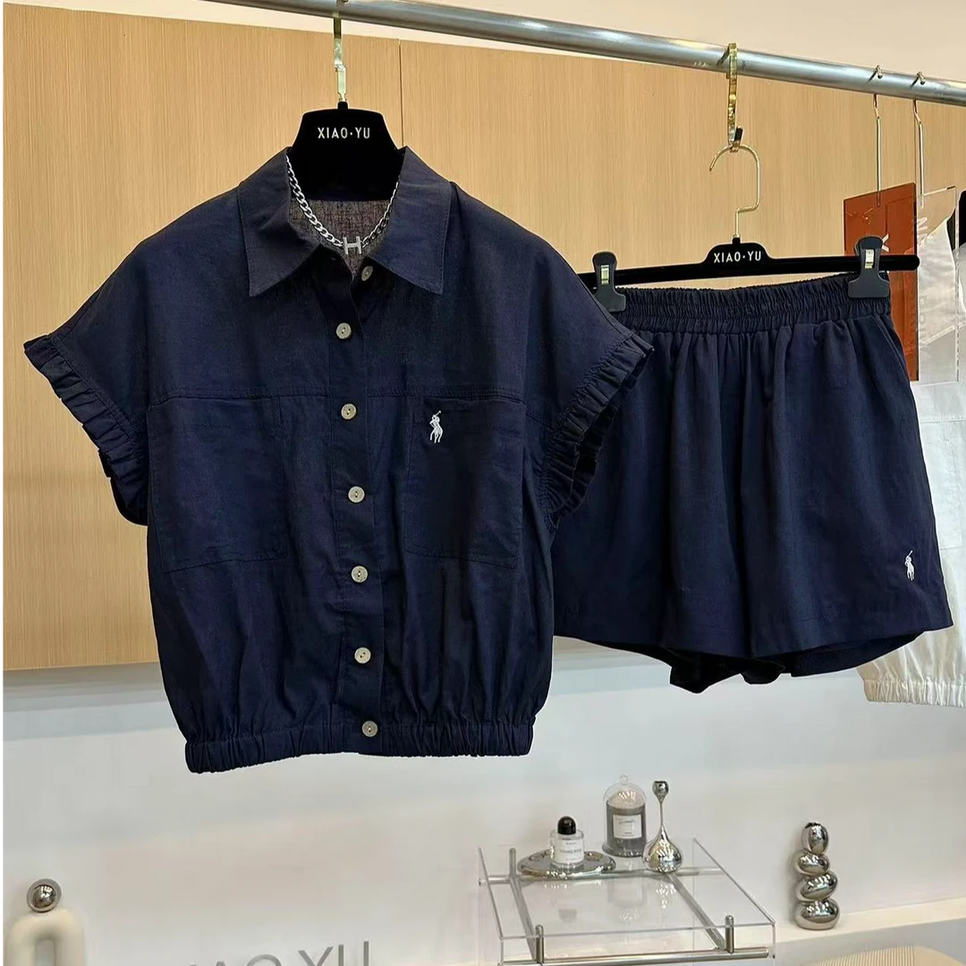 高端欧货夏款木耳边刺绣翻领短袖衬衫松紧腰短裤宽松高级感套装女