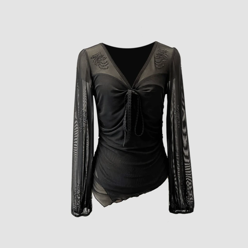 不规则网纱袖拼接上衣  设计款时尚休闲小众气质女人味