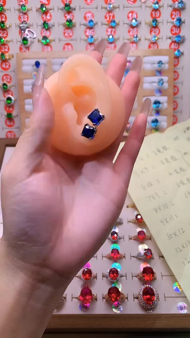 耳饰蓝宝石银S925镶嵌8*8