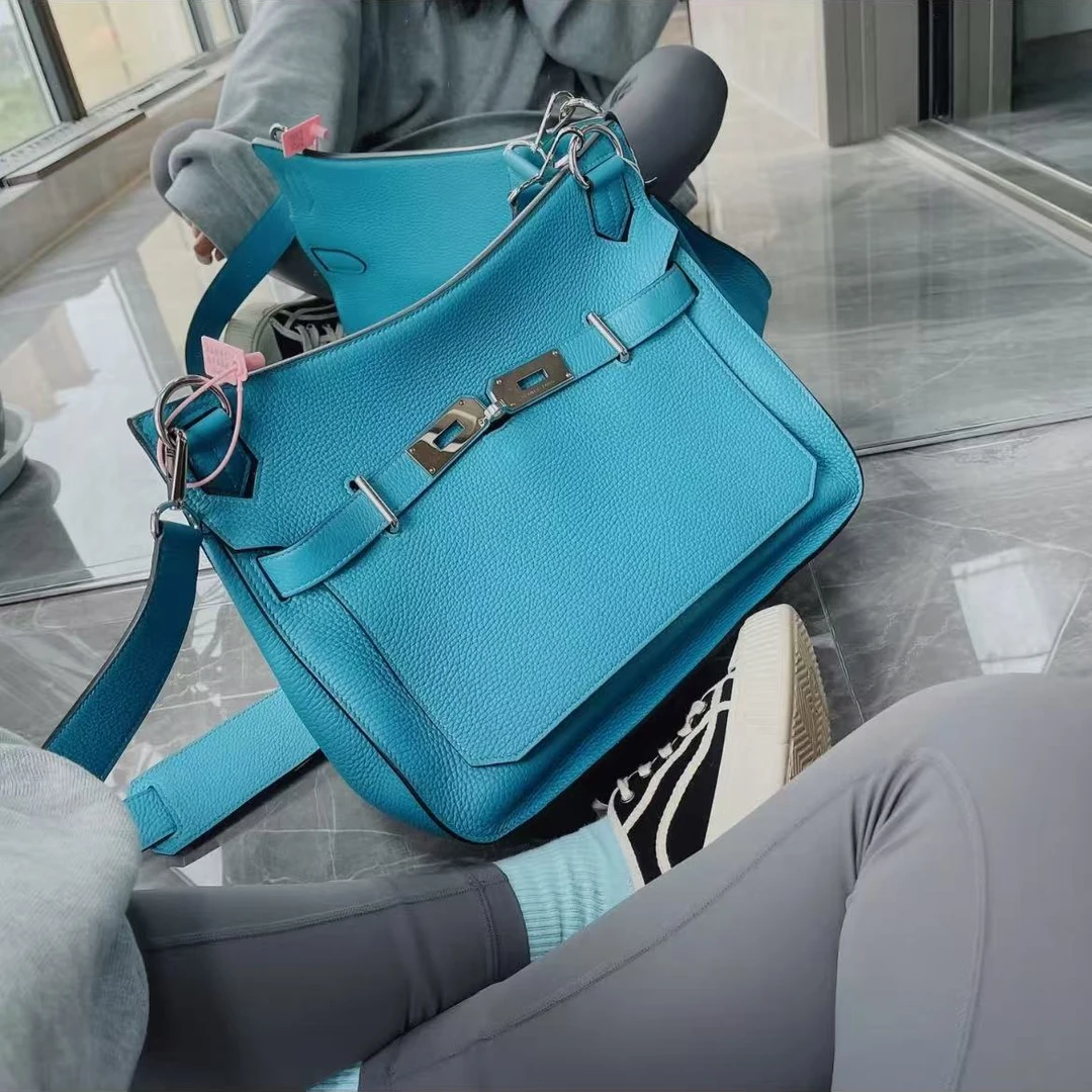 95新 Hermes/爱马仕 吉普赛34牛仔蓝 银扣tc皮 框O刻