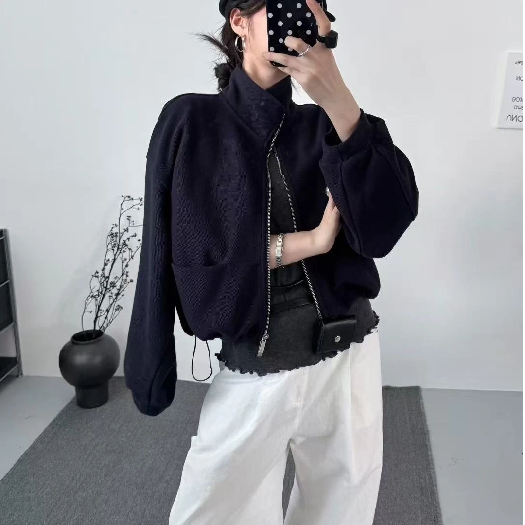 26881番外秋季新款设计感小个子宽松百搭立领抽绳短款卫衣女