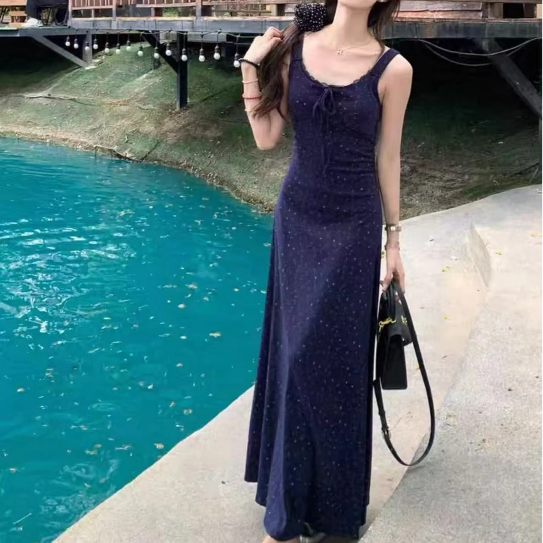 NICE圈圈、度假风碎花褶皱连衣裙蕾丝拼接领口显瘦裙子A2390