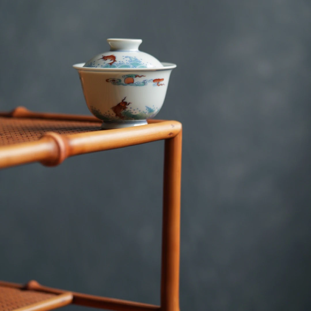 景德镇手作谈窑斗彩海水鱼纹盖碗