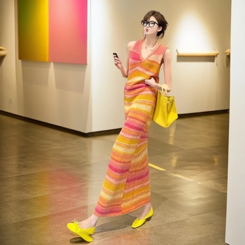 今年流行新款夏季多巴胺针织衫长裙女无袖连衣裙气质遮肉撞色拼接