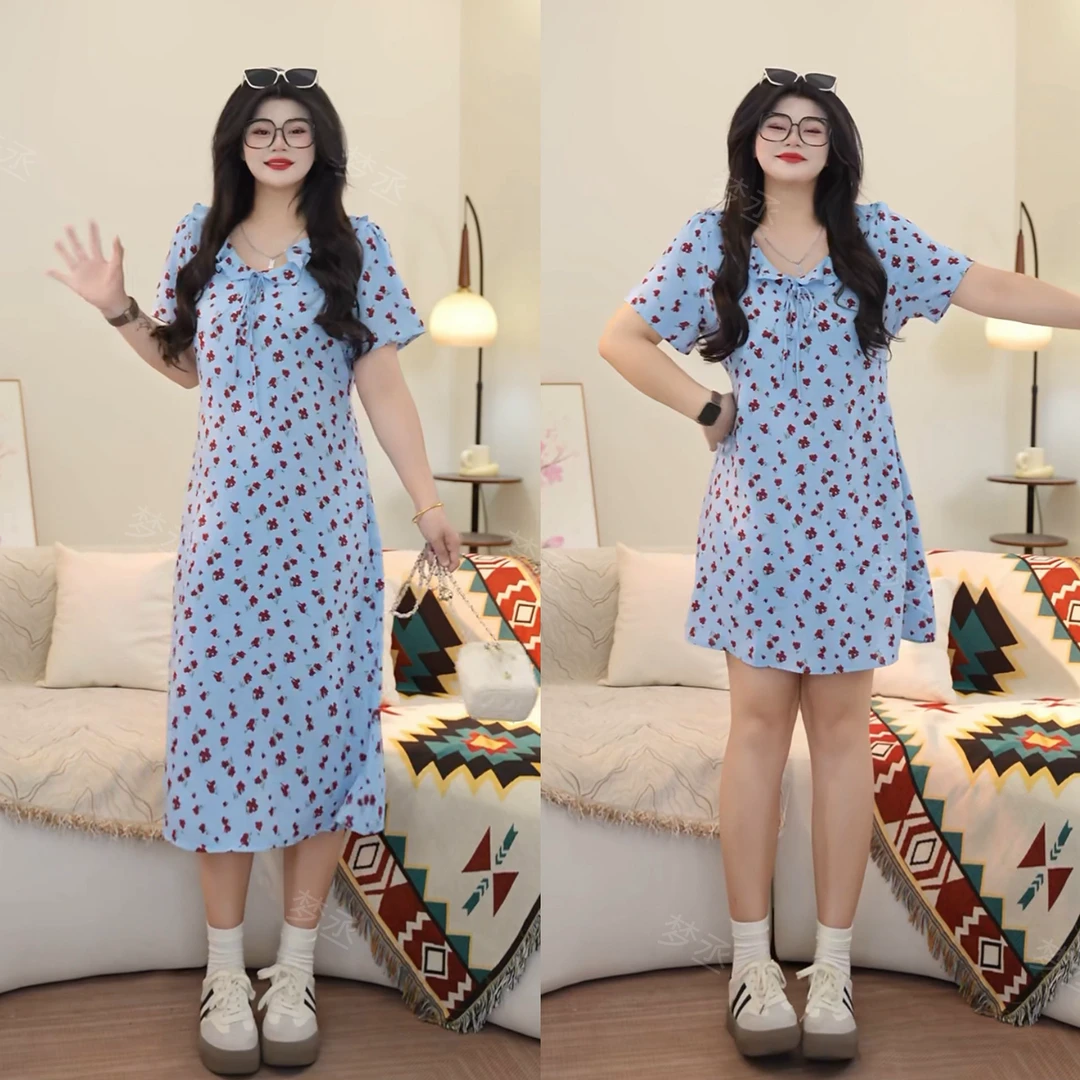 梦丞【私享时刻】荷叶领系带减龄大码女装夏季洋气碎花短袖连衣裙
