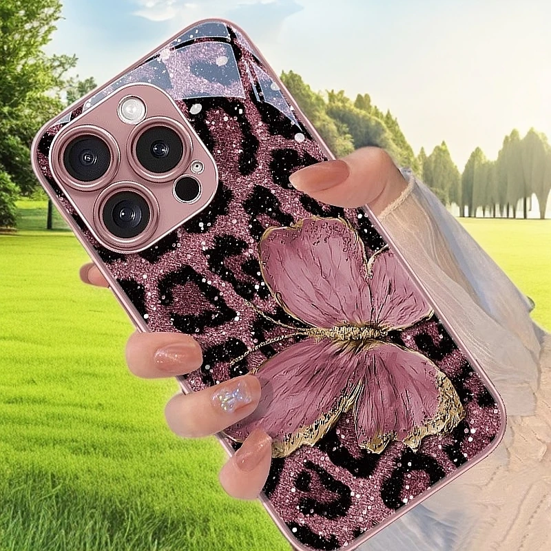 粉色豹纹蝴蝶适用苹果16promax手机壳新款全包防摔轻奢玻璃高级感