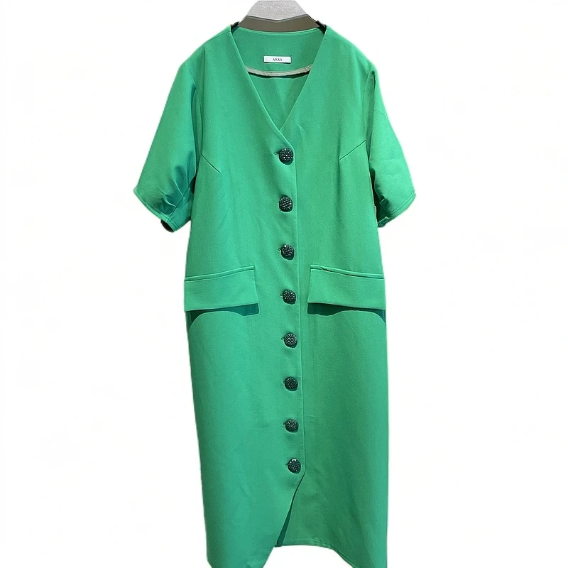 女装设计师春夏宽松法式圆领女士女款收腰中长裙中长款连衣裙