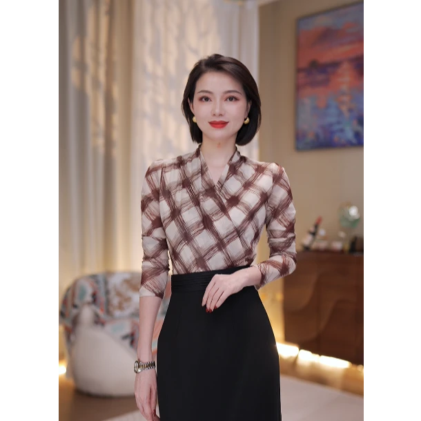 兰瑟儿早秋上衣新款气质复古格子印花网纱V领长袖上衣A665QD0417