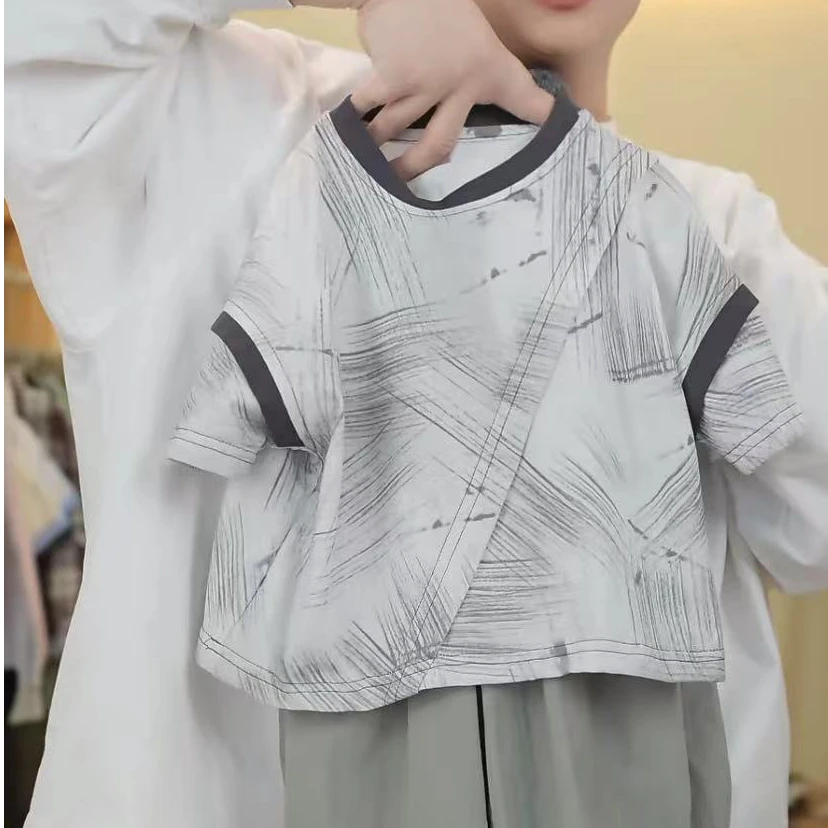 SCBEBE儿童短袖欧若风韩版2025夏季新款灰条拼接短袖T恤AX847