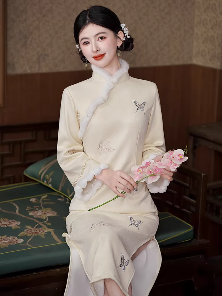 〖米色刺绣蝴蝶TMY〗网红气质中国风苏州旗袍