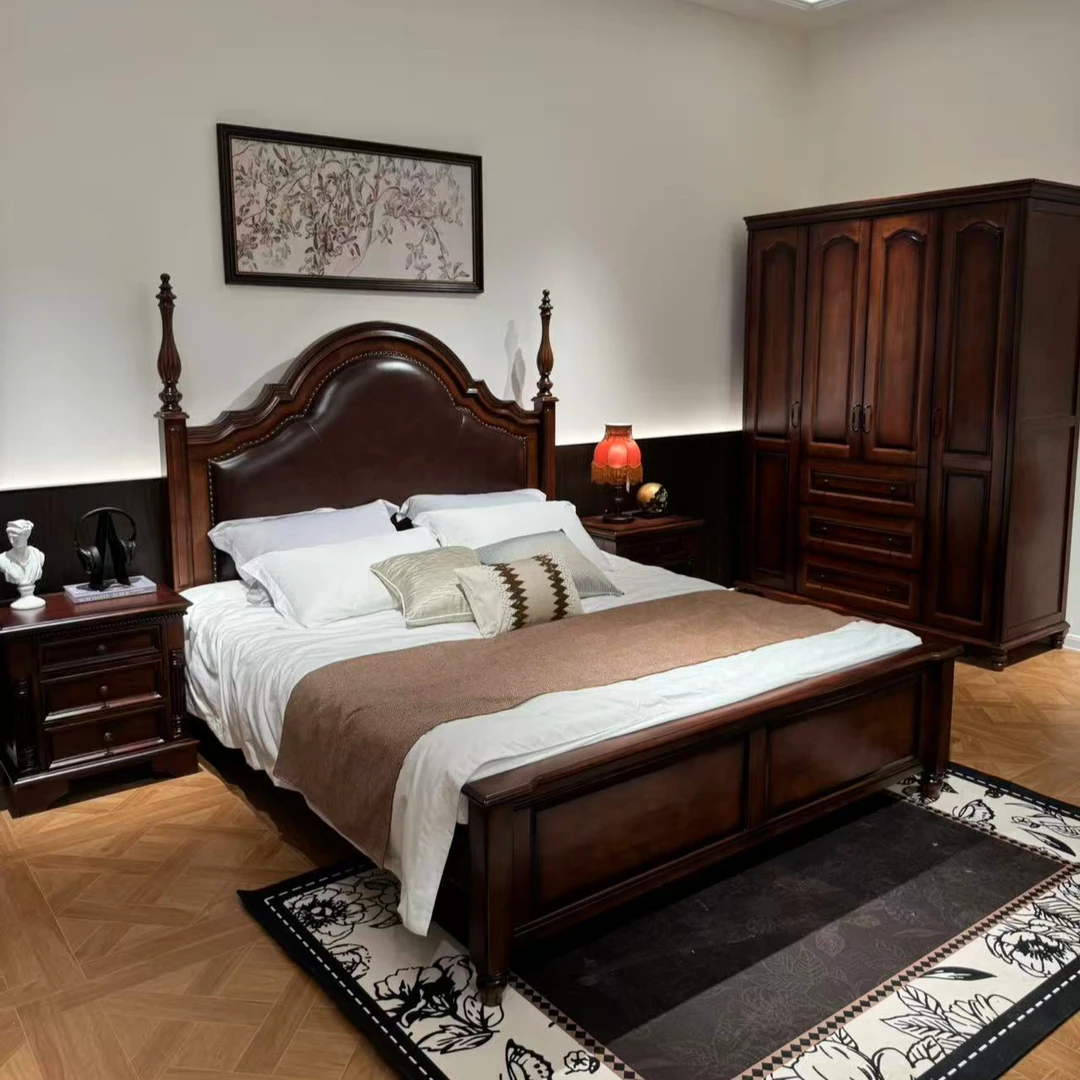 1069#美式轻奢实木床主次卧高端大气高罗马柱复古经典软靠床架