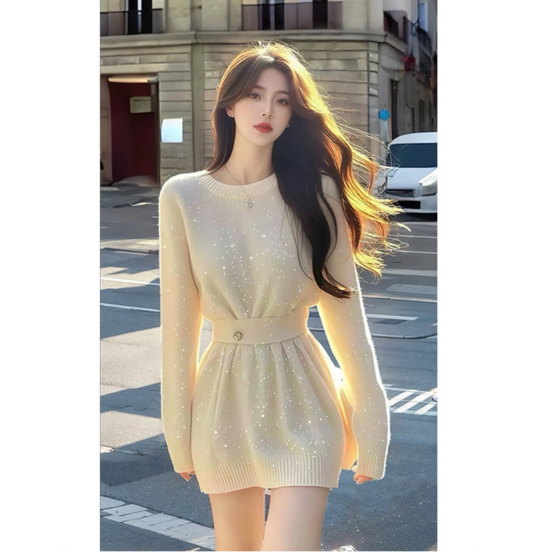 纯欲辣妹气质时尚针织连衣裙女装2025春季新款亮片千金感毛衣裙子
