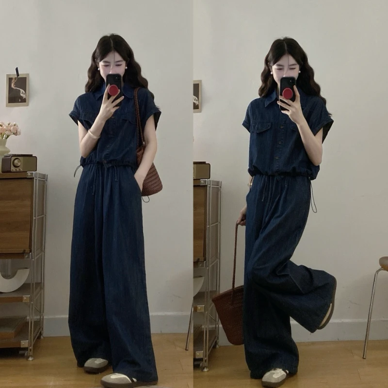大码深蓝色薄款工装风套装裤夏季新款酷飒拽姐轻熟气质洋气两件套