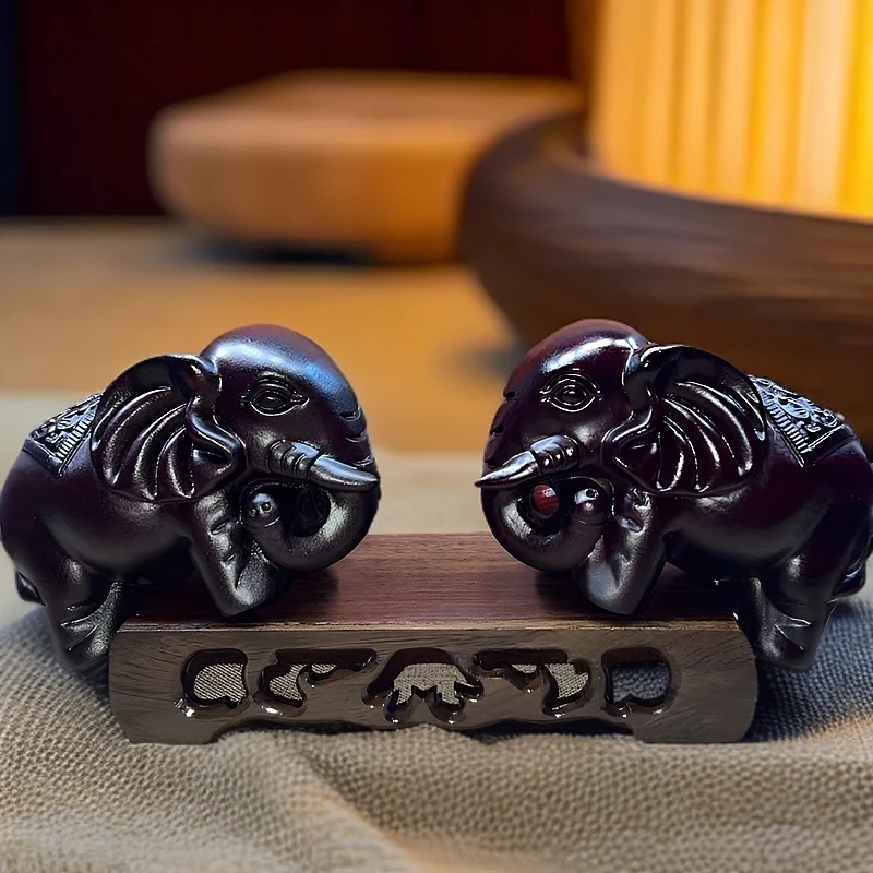 黑檀木【福财大象一对】实木雕刻摆件装饰品文玩车摆件茶宠摆件