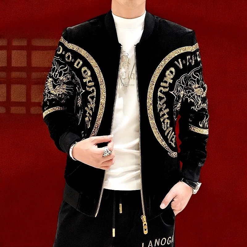 黛芮奈勒冬季夹克男加厚重工艺老虎头刺绣潮牌帅气棉金丝绒外套