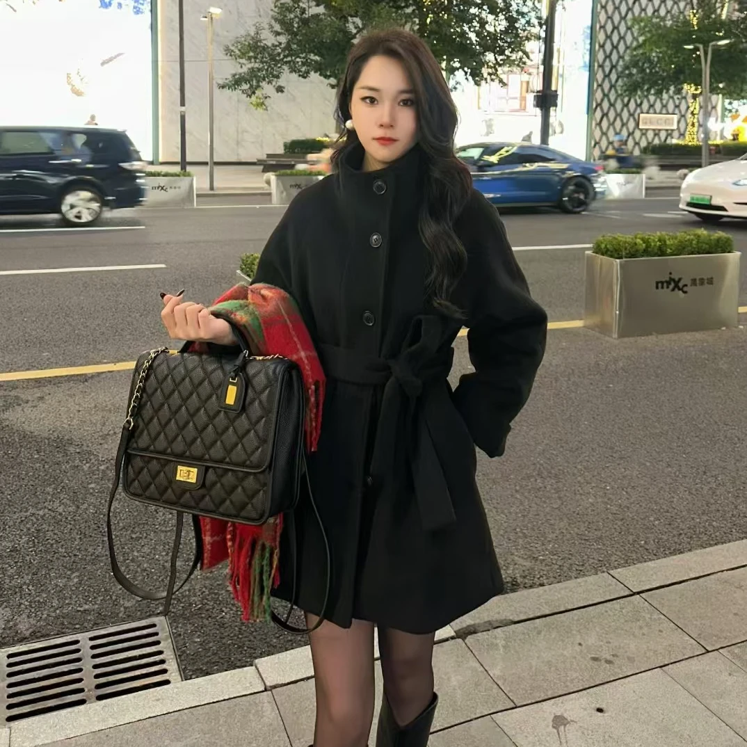 黑色系带呢子大衣女2024新款秋冬季高级感毛呢外套韩系小个子短款