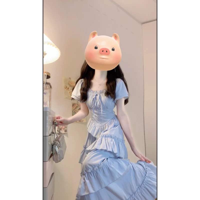 大码夏季新款法式少女风拼接蕾丝长裙收腰显瘦A字甜美温柔连衣裙