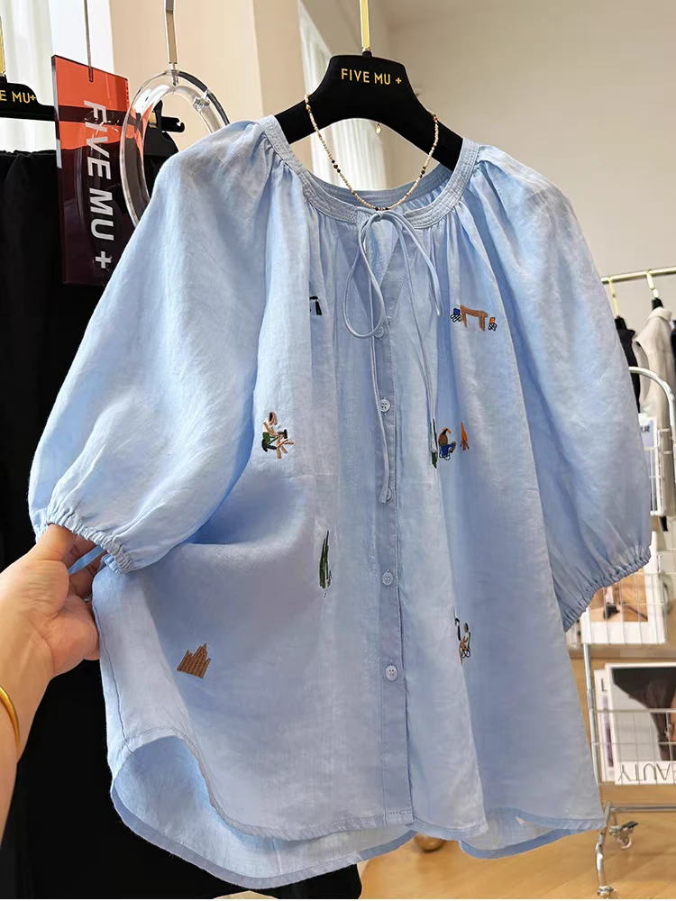 韩系重工卡通刺绣宽松短袖衬衫女夏高端苎麻娃娃衫巨好看上衣小衫